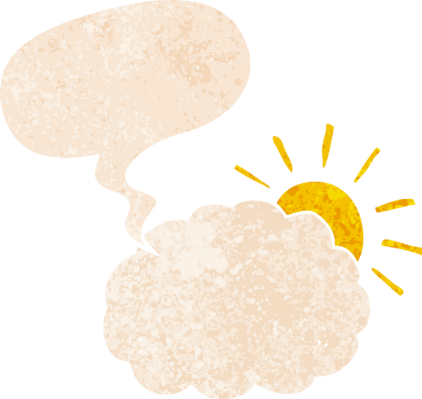 çizgi film güneşi ve bulut sembolü grunge 'deki konuşma baloncuğu sıkıntılı retro desenli bir insan tarafından çizilmiş