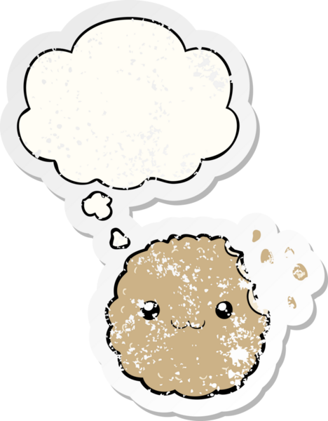 Düşünce baloncuklu çizgi film bisküvisi insan tarafından çizilmiş yıpranmış bir çıkartma.