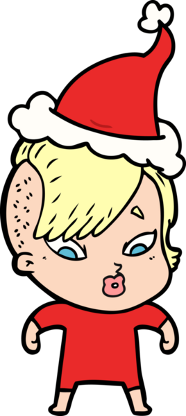 Bir insan tarafından çizilmiş Noel Baba şapkası giymiş şaşırmış bir kızın el çizimi.