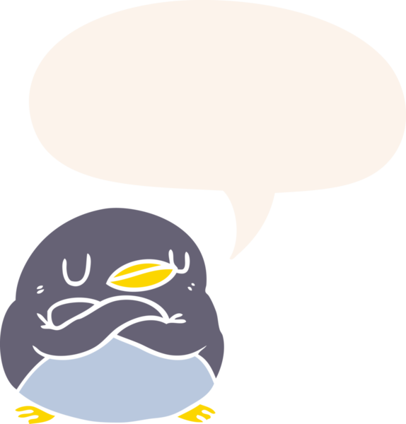 Bir insan tarafından çizilmiş, konuşma baloncuğu olan çapraz kollu penguen çizgi filmi.