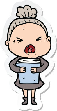 Bir insan tarafından çizilmiş kızgın yaşlı bir kadının çıkartması.