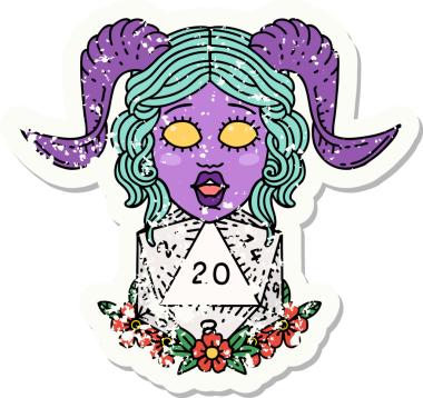 Bir insan tarafından çizilmiş doğal yirmilik zarla süslenmiş grunge çıkartması.