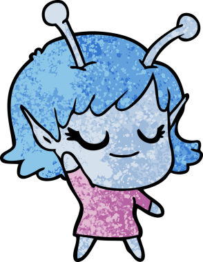 Bir insan tarafından çizilmiş gülümseyen uzaylı kız çizgi filmi.