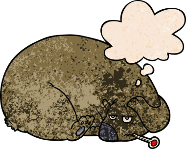 Çizgi film ayısı, kafası ağrıyan bir insan tarafından çizilmiş grunge desenli bir düşünce baloncuğu.