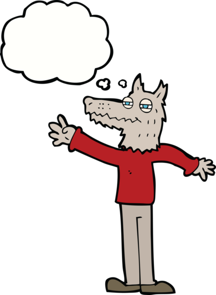 Bir insan tarafından çizilmiş düşünce balonlu bir kurt sallayan çizgi film.