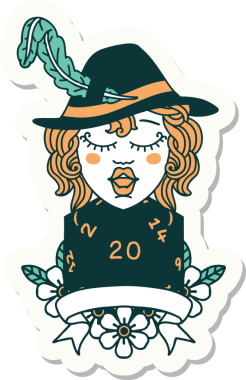 Bir insan ozan karakterinin çıkartması. Bir insan tarafından çizilmiş doğal 20 zar.