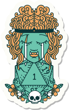 Hüzünlü bir ork barbar karakterinin çıkartması. Doğal bir d20 ruloyla bir insan tarafından çizilmiş.