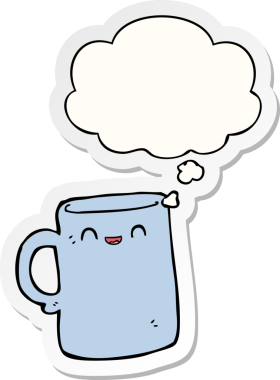 Düşünce baloncuklu çizgi film kupası insan tarafından çizilmiş bir çıkartma.