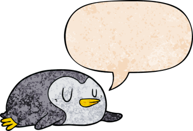 Konuşma baloncuğu olan karikatür pengueni insan tarafından çizilmiş.