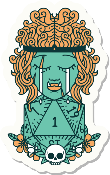 Hüzünlü bir ork barbar karakterinin çıkartması. Doğal bir d20 ruloyla bir insan tarafından çizilmiş.