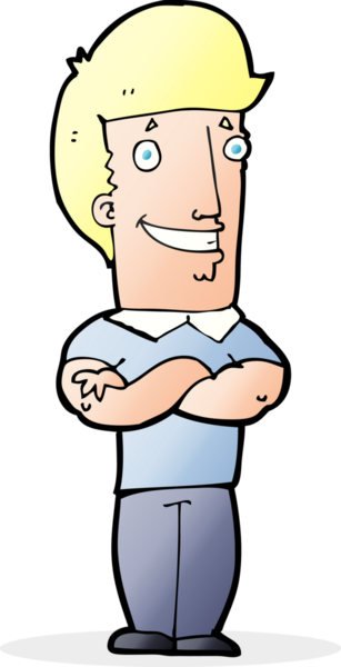 Bir insan tarafından çizilmiş, katlanmış kolları olan çizgi film adamı.