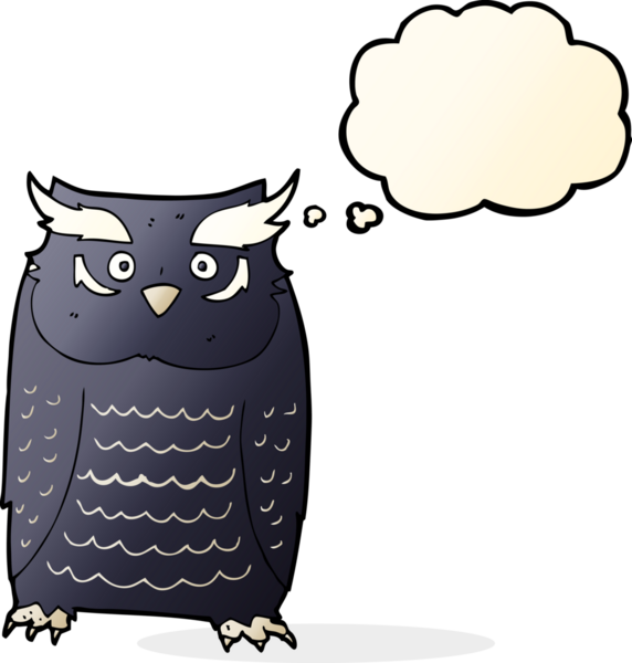 Bir insan tarafından çizilmiş düşünce baloncuklu çizgi film baykuşu