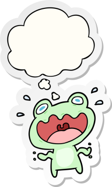 İnsan tarafından çizilmiş bir çıkartma gibi düşünce baloncuğundan korkan çizgi film kurbağası.