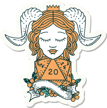 Bir insan tarafından çizilmiş doğal yirmi zarla yapıştırılmış bir etiket.