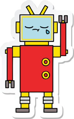 Bir insan tarafından çizilmiş şirin, ağlayan bir robot çıkartması.