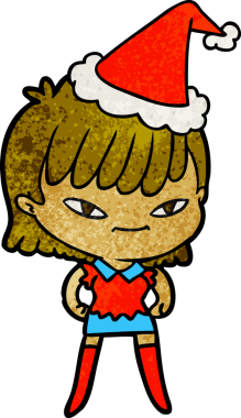 Bir insan tarafından çizilmiş Noel Baba şapkası giyen bir kadının el çizimi karikatürü.