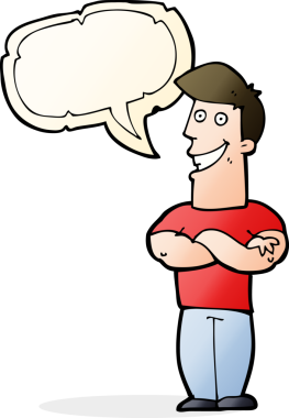 Bir insan tarafından çizilmiş konuşma balonuyla sırıtan çizgi film adamı.