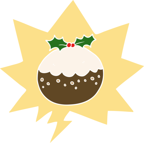 Karikatür noel pudingi konuşma baloncuğu ile retro tarzı bir insan tarafından çizilmiş.