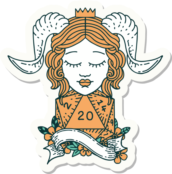 Bir insan tarafından çizilmiş doğal yirmi zarla yapıştırılmış bir etiket.