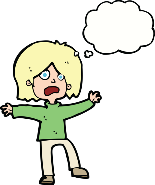 Bir insan tarafından çizilmiş düşünce baloncuğu olan korkmuş bir çizgi film karakteri.