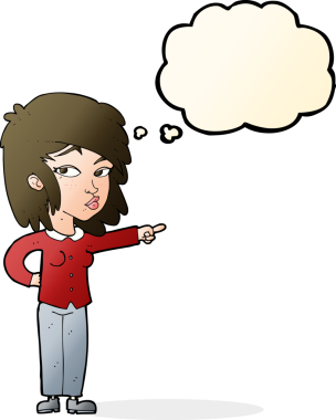 Bir insan tarafından çizilmiş düşünce balonuyla işaret eden çizgi film kadını.