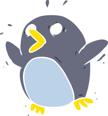 Bir insan tarafından çizilmiş düz renk çizgi film korkmuş penguen.