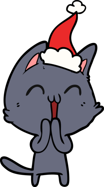 Mutlu el çizimi çizimi bir insan tarafından çizilmiş Noel Baba şapkası takan bir kedi.