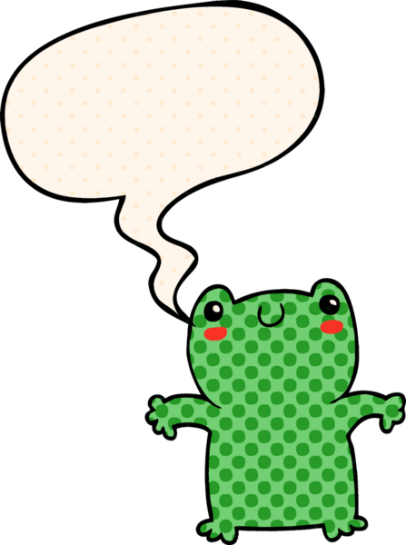 Çizgi roman tarzında konuşma balonu olan bir kurbağa insan tarafından çizilmiş.