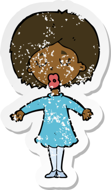 Bir insan tarafından çizilmiş, karikatür giymiş bir kadının gerilimli çıkartması.