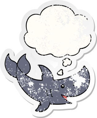 İnsan tarafından çizilmiş yıpranmış bir çıkartma gibi düşünce balonu olan çizgi film köpekbalığı.