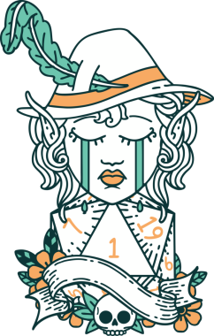 Retro Dövme Tarzı Ağlayan Elf karakter yüzü Bir insan tarafından çizilen d20 zar ile