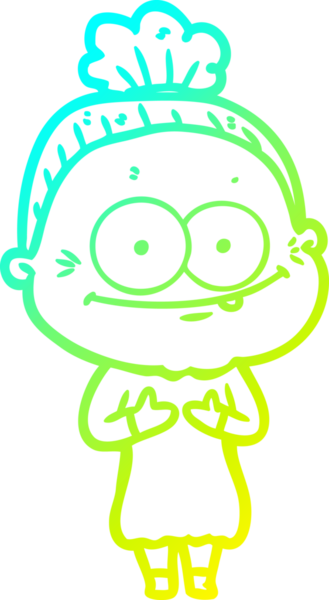 Bir insan tarafından çizilmiş, mutlu, yaşlı bir kadının çizimi.