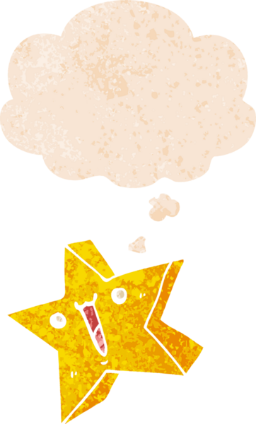 Düşünce baloncuğu ile çizgi film mutlu yıldız grunge sıkıntılı retro dokuma bir insan tarafından çizilmiş