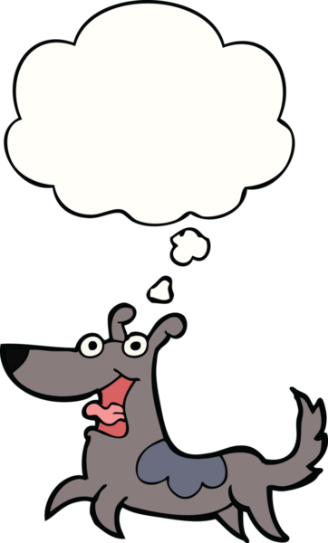 Bir insan tarafından çizilmiş düşünce balonlu mutlu köpek çizgi filmi.