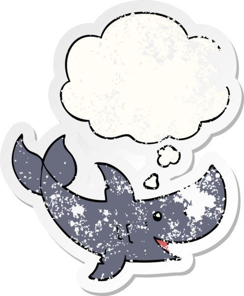 İnsan tarafından çizilmiş yıpranmış bir çıkartma gibi düşünce balonu olan çizgi film köpekbalığı.