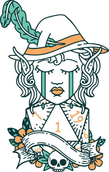 Retro Dövme Tarzı Ağlayan Elf karakter yüzü Bir insan tarafından çizilen d20 zar ile