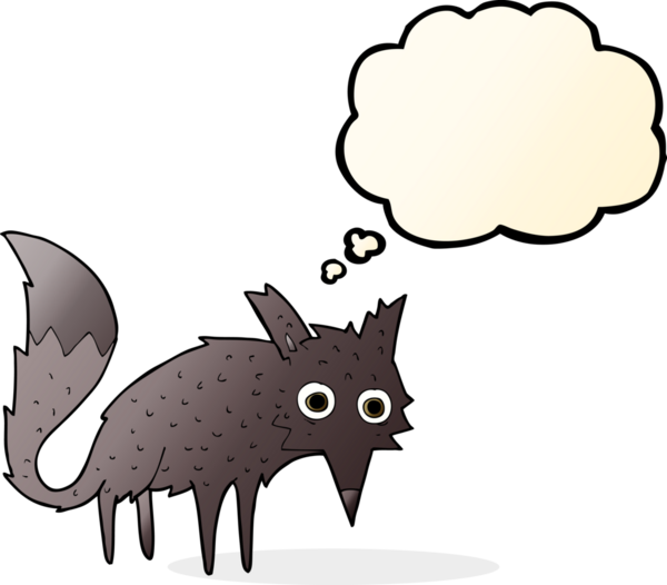 Bir insan tarafından çizilmiş düşünce baloncuğu olan komik küçük bir kurt.