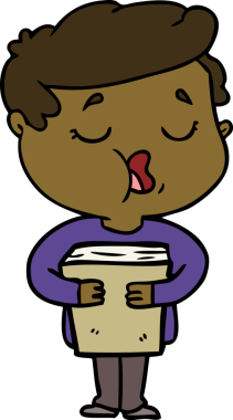 Bir insan tarafından çizilmiş kitap ve şarkı söyleyen bir çizgi film adamı.