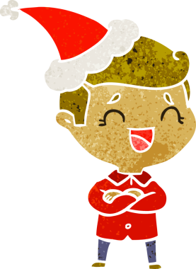 Bir insan tarafından çizilmiş Noel Baba şapkası giymiş gülen bir adamın el çizimi karikatürü.