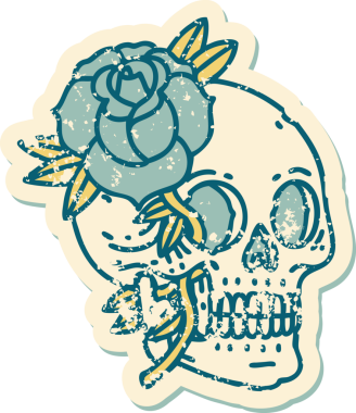 Bir insan tarafından çizilmiş kafatası ve gülün sembolik dövmeli görüntüsü.