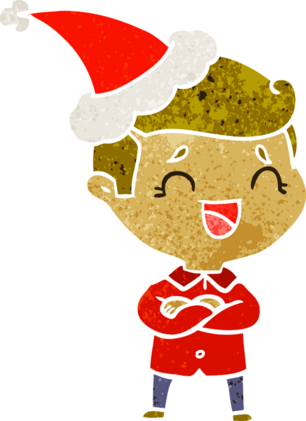 Bir insan tarafından çizilmiş Noel Baba şapkası giymiş gülen bir adamın el çizimi karikatürü.