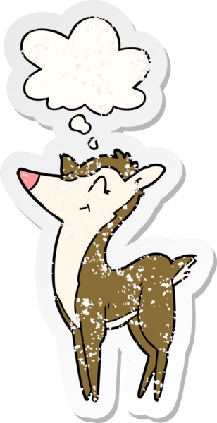 Düşünce baloncuğu olan çizgi film geyiği insan tarafından çizilmiş yıpranmış bir çıkartma gibidir.