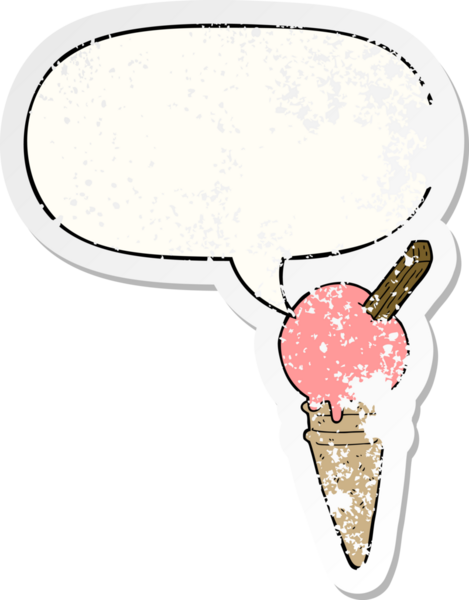 Konuşma balonlu çizgi film dondurması bir insan tarafından çizilmiş sıkıntılı eski bir çıkartma