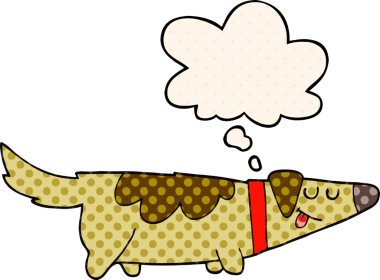 Çizgi roman tarzında bir insan tarafından çizilmiş düşünce balonu olan çizgi film köpeği.