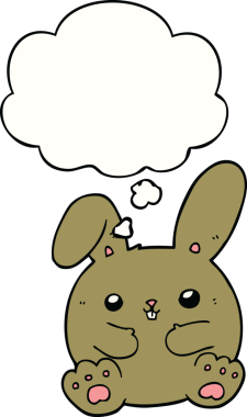 Bir insan tarafından çizilmiş düşünce kabarcığı olan çizgi film tavşanı.