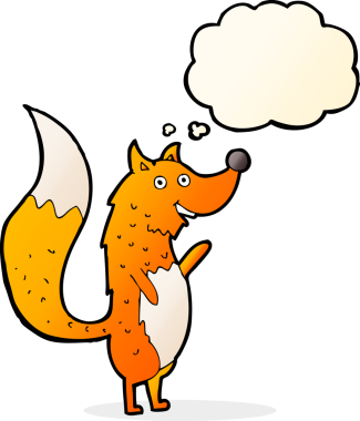 Bir insan tarafından çizilmiş düşünce balonlu tilki sallayan çizgi film.