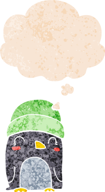 Homurdanan düşünce baloncuğu olan sevimli penguen dertli eski moda bir insan tarafından çizilmiş.