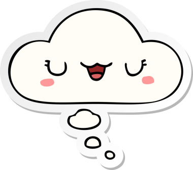 Düşünce baloncuğu olan sevimli çizgi film yüzü bir insan tarafından çizilmiş çıkartma gibi.