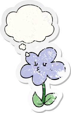 Düşünce baloncuğu olan karikatür çiçeği insan tarafından çizilmiş yıpranmış bir çıkartma gibi.