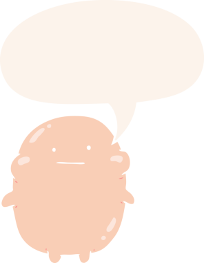 Bir insan tarafından çizilmiş konuşma baloncuğu olan sevimli şişman bir çizgi film insanı.